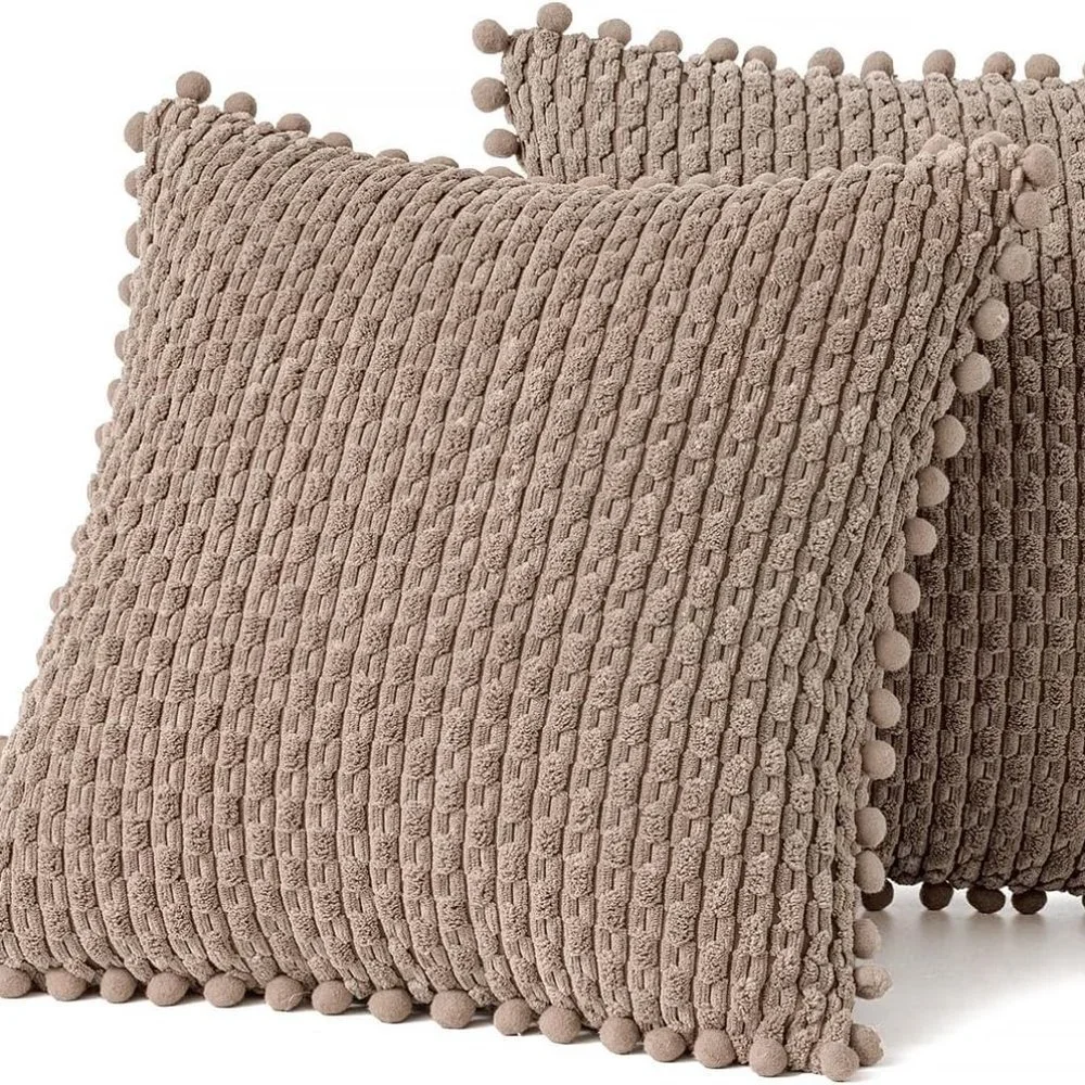 Pompom Tan Stripe Texture Corduroy Farmhouse Cute Luxury Soft Pillow Cover Set